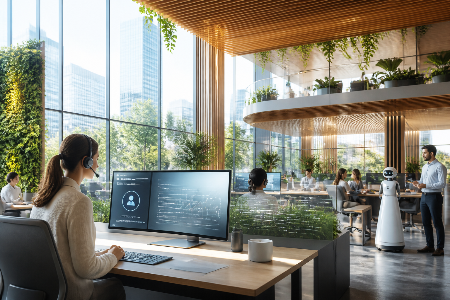 Environnement de centre d'appels moderne intégrant des agents IA pour le service client.