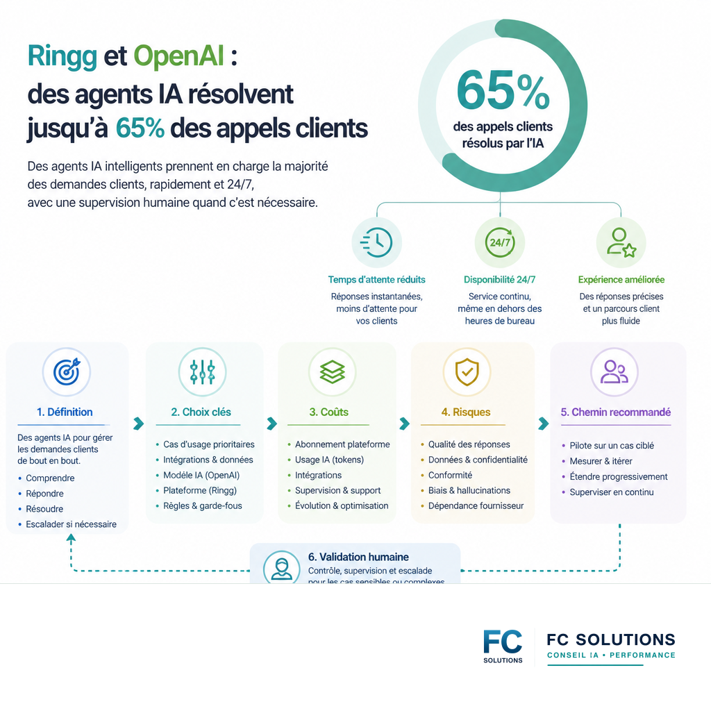 Infographie des performances des agents IA dans le service client : 65% d'appels résolus.