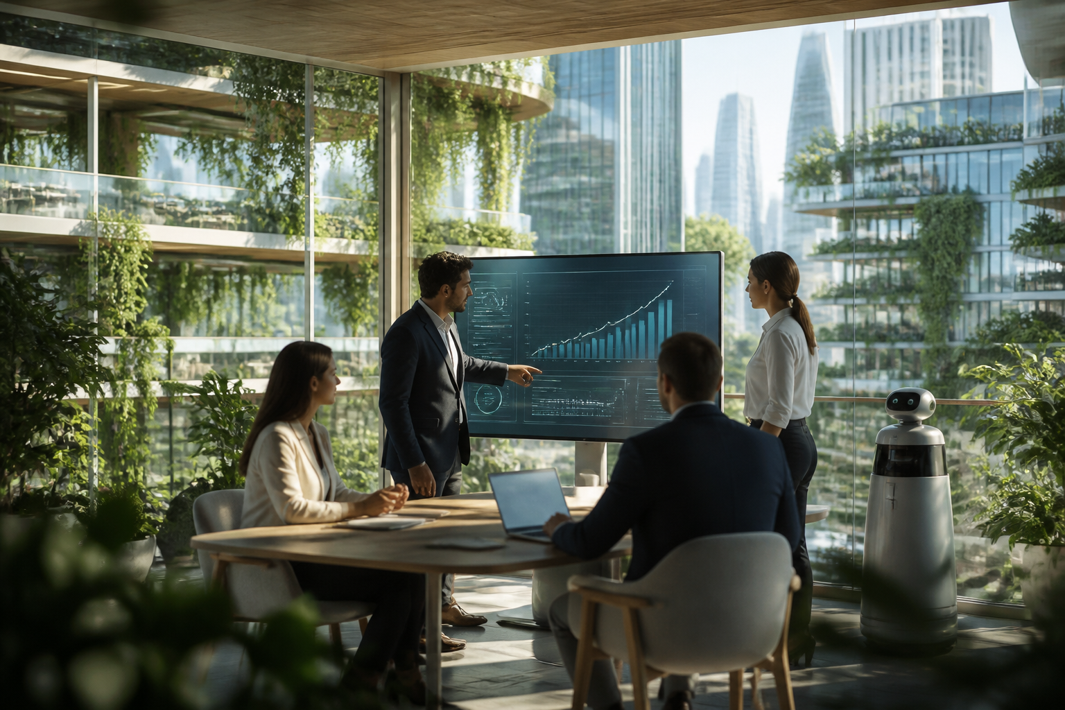 Équipe commerciale moderne utilisant un tableau de bord numérique affichant une croissance des ventes accrue grâce à des éléments d'interface IA.