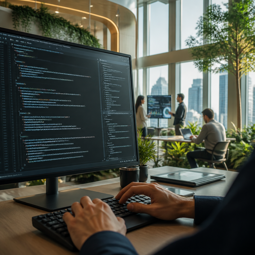 Mains de développeur tapant sur un clavier, avec du code et des scripts générés par IA visibles à l'écran, illustrant le rôle de Codex.