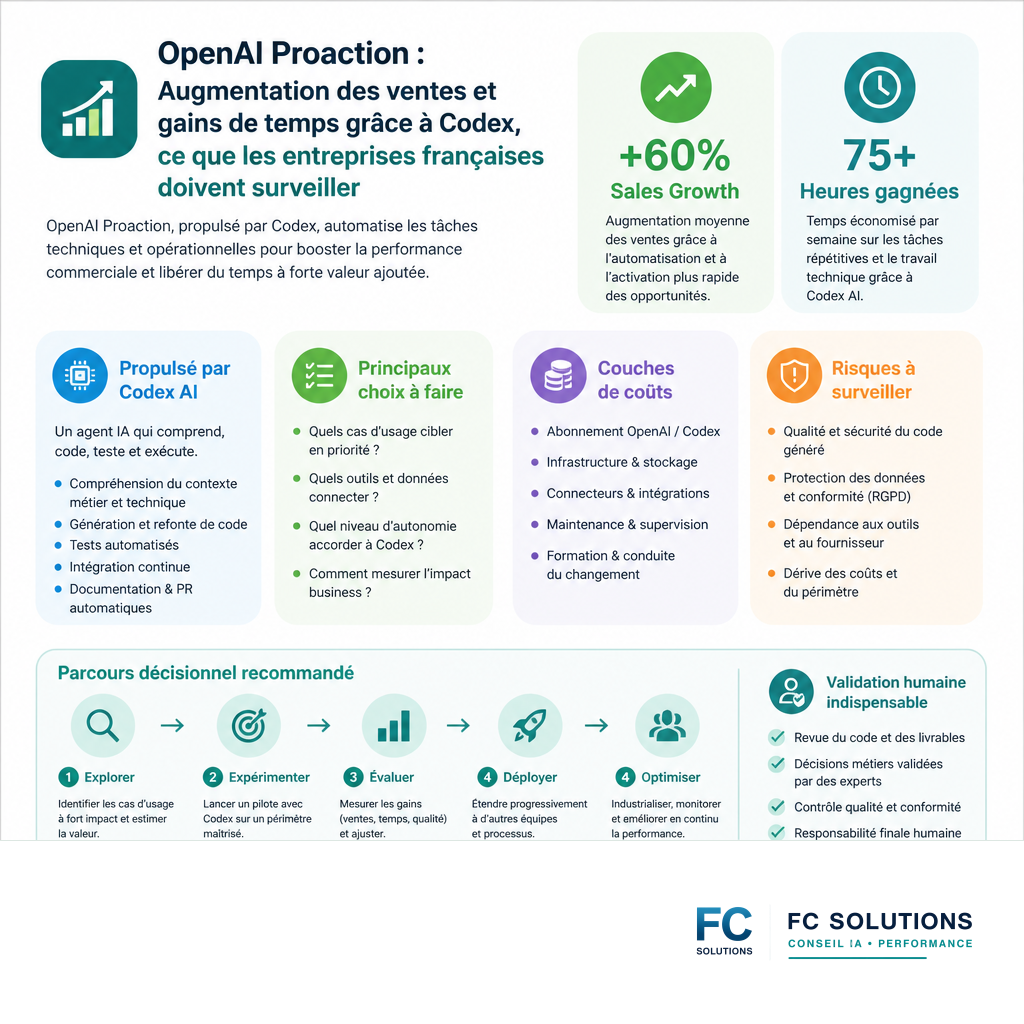 Infographie résumant les gains de Proaction d'OpenAI : +60% ventes, 75h économisées, propulsé par Codex IA.
