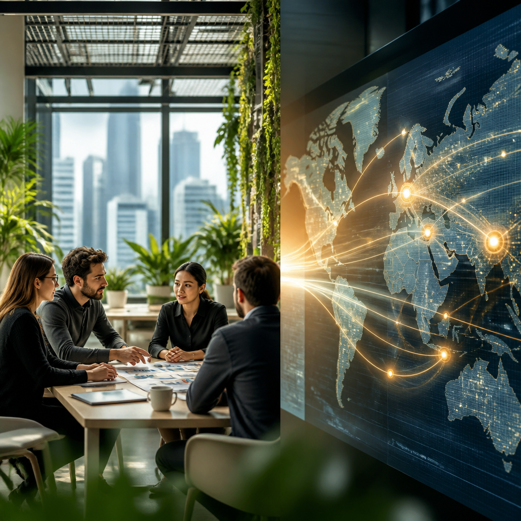 Professionnels du marketing français en réunion, contrastant avec une visualisation de flux de données IA connectés aux marchés mondiaux.