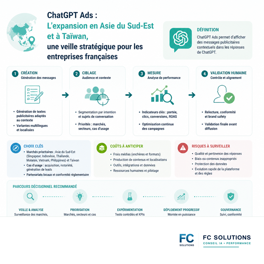 Infographie résumant les étapes clés et les points de vigilance pour l'utilisation de l'IA dans la publicité.