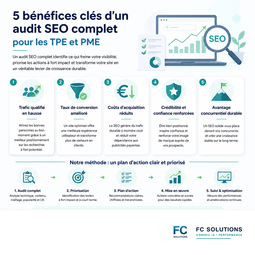 Infographie des 5 bénéfices clés d'un audit SEO pour les TPE et PME : trafic qualifié, conversion, coûts réduits, crédibilité, avantage concurrentiel.
