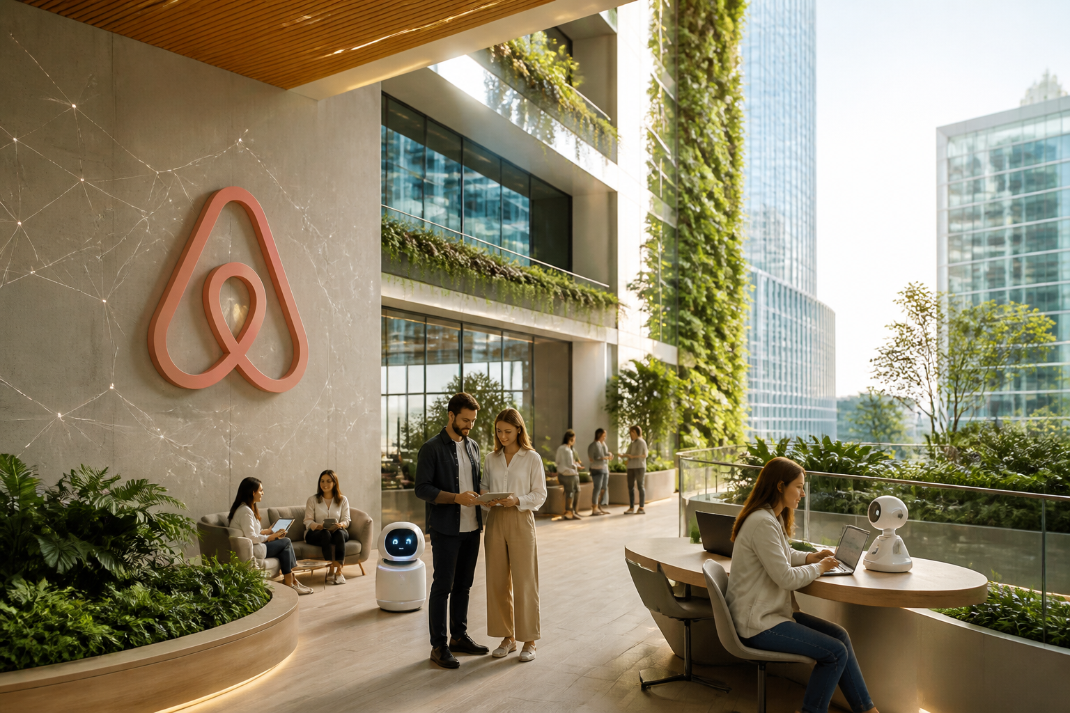 Logo Airbnb intégré à des motifs de réseau neuronal IA, symbolisant l'innovation et la portée mondiale.