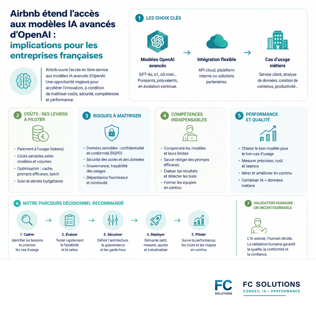 Infographie résumant les bénéfices et défis de l'intégration de modèles IA pour les entreprises : coûts, sécurité, compétences et performance.