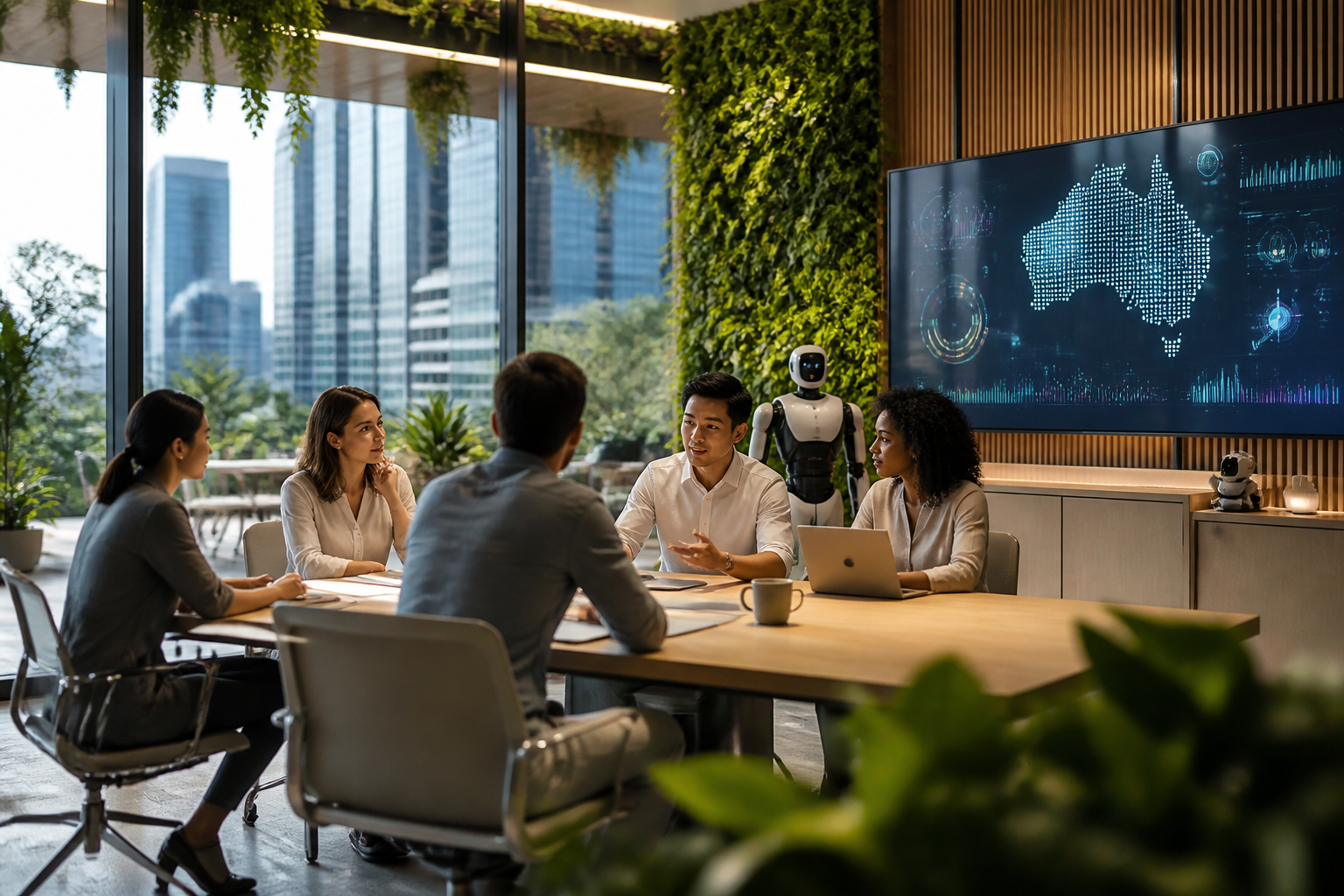 Équipe diversifiée collaborant sur des projets d'intelligence artificielle responsable en Australie.