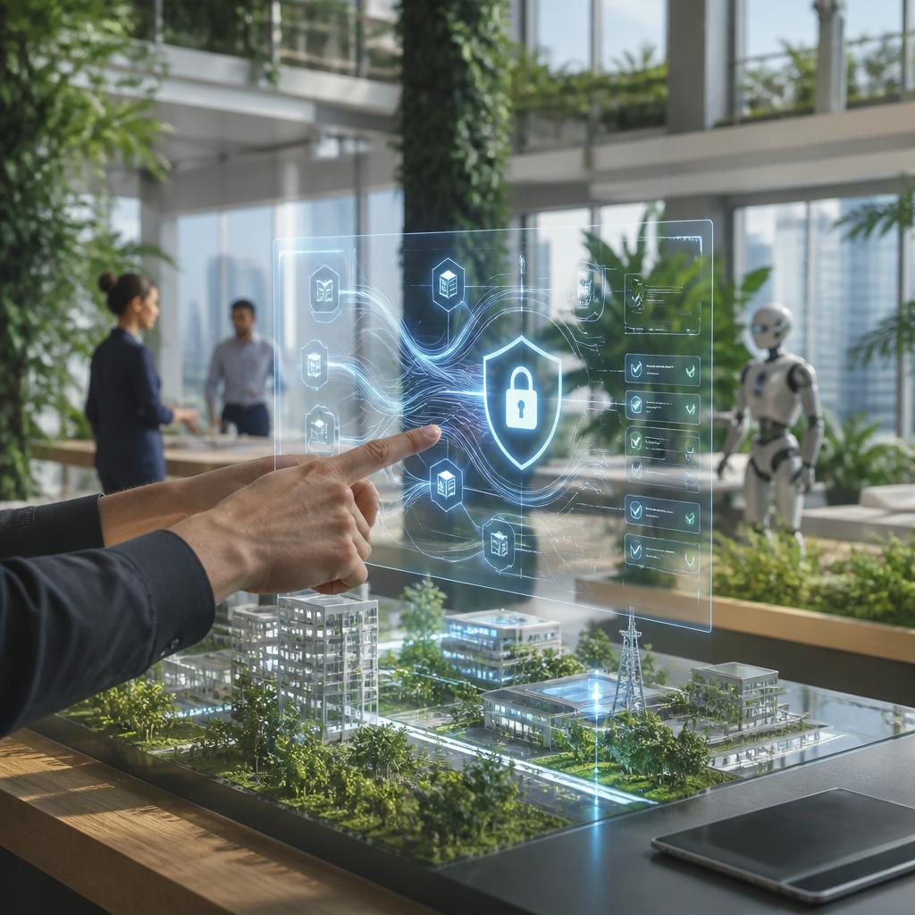 Interface holographique futuriste illustrant la gouvernance et la sécurité des données en IA.