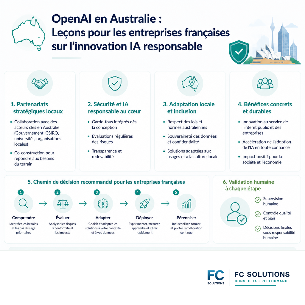 Infographie résumant les initiatives d'IA responsable d'OpenAI en Australie : partenariats, sécurité, adaptation locale.