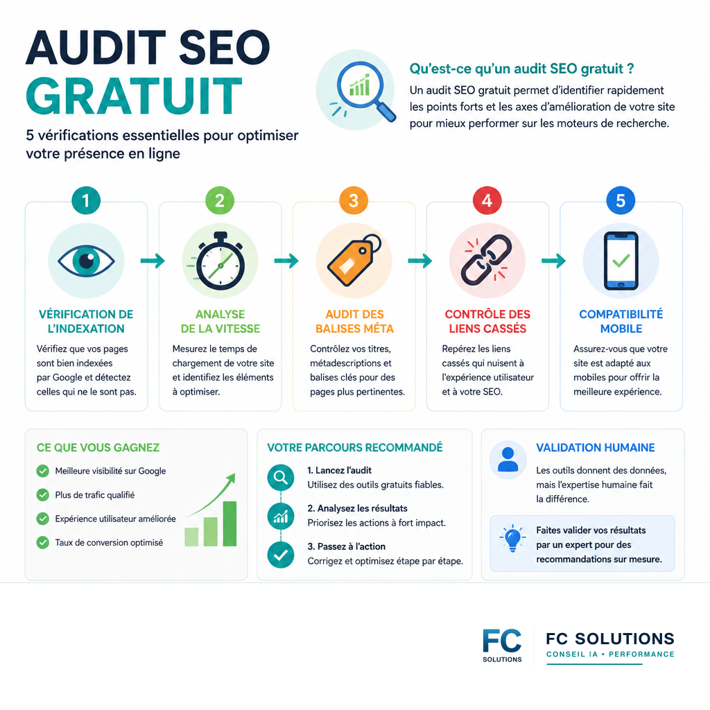 Infographie résumant les étapes essentielles pour réaliser un audit SEO technique gratuit.
