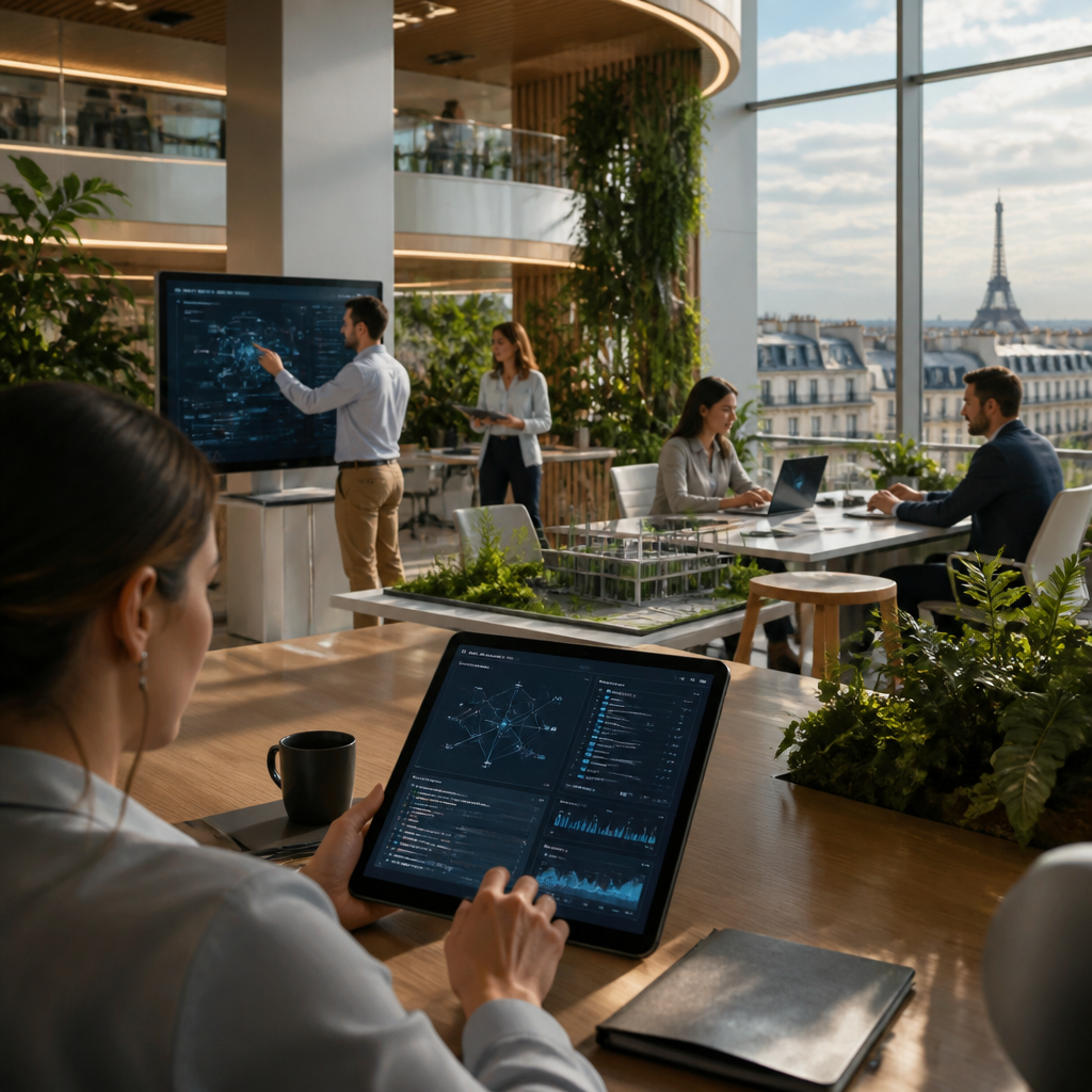 Interface utilisateur moderne affichant des analyses de données complexes et du code, illustrant les capacités de GPT-6.1 Sol pour l'automatisation.