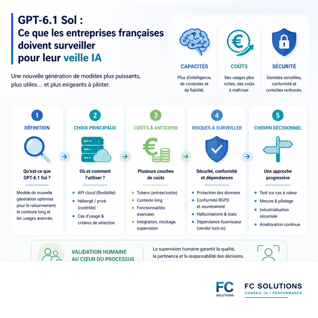 Infographie résumant les capacités, les coûts et les aspects de sécurité de GPT-6.1 Sol pour les entreprises.