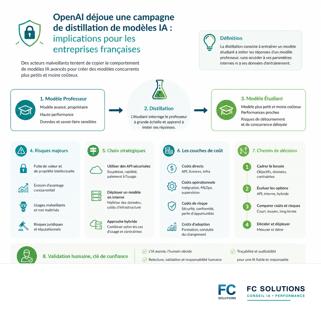 Infographie expliquant le processus de distillation de modèles IA et ses risques potentiels.