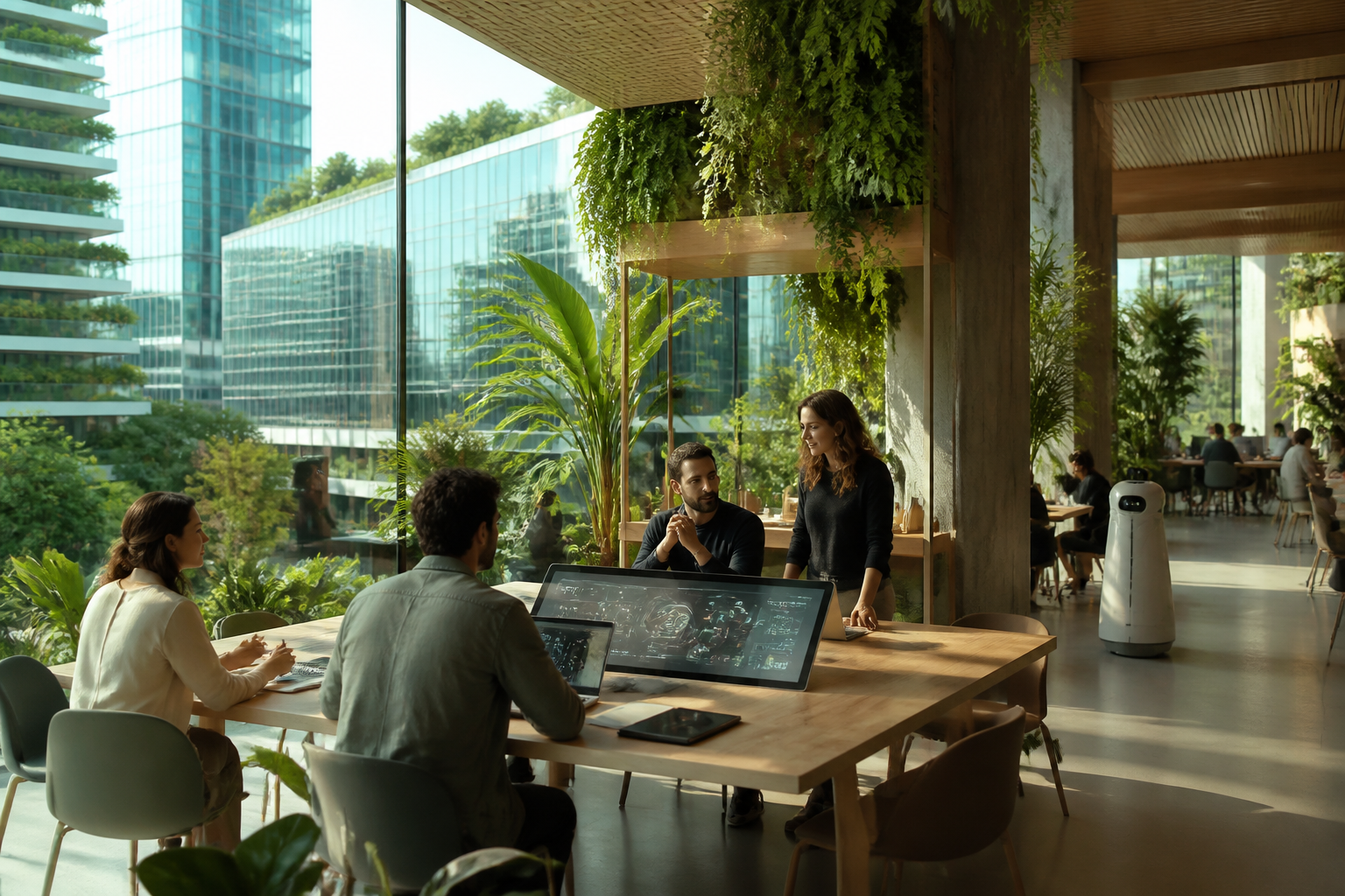 Équipe d'une entreprise française collaborant dans un bureau moderne, symbolisant l'efficacité et la croissance grâce à l'IA.