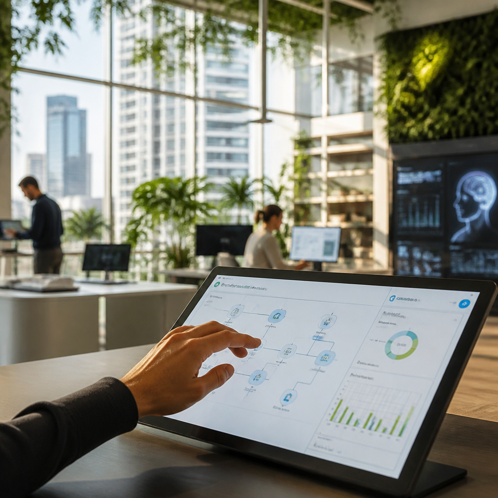 Interface numérique montrant des graphiques de flux de travail automatisés et des indicateurs de gain de temps.