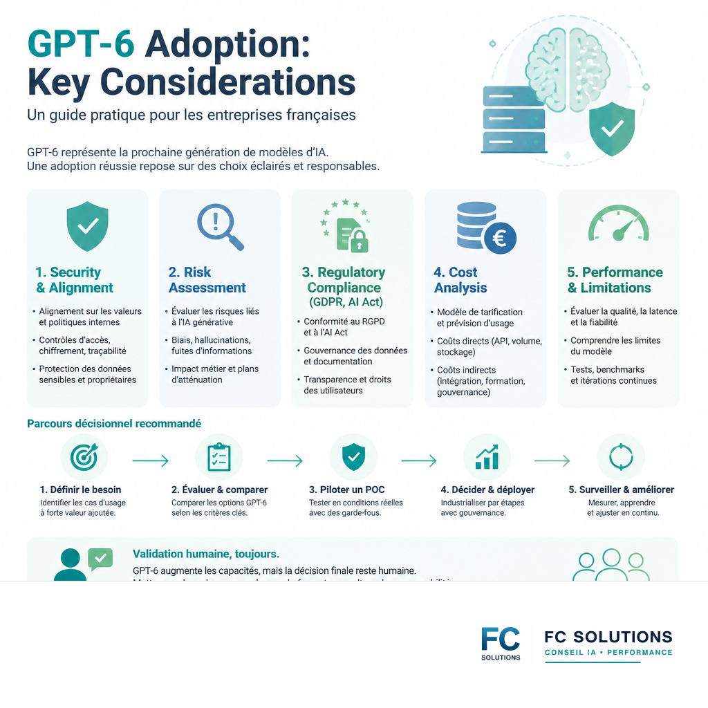 Infographie résumant les considérations clés pour l'adoption de GPT-6 : sécurité, risques, conformité, coûts et performances.