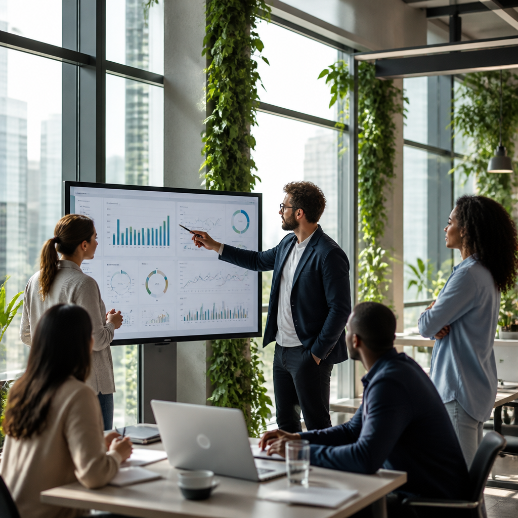 Professionnels en réunion discutant de la gestion des données et de la conformité IA, avec des graphiques de performance et de conformité affichés.