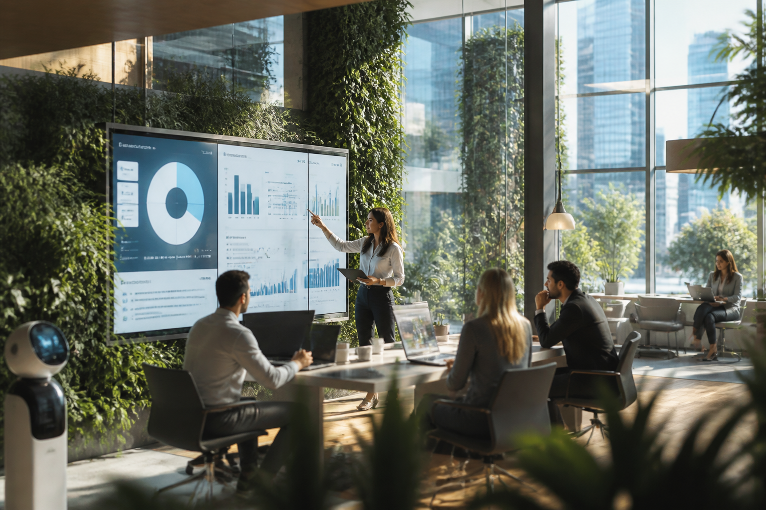 Équipe d'analystes collaborant sur des rapports générés par IA dans un bureau moderne.