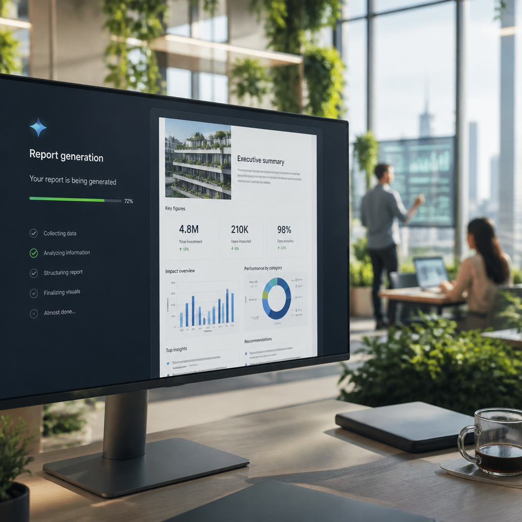 Interface utilisateur d'un outil de génération de rapports IA, montrant la progression et un aperçu du rapport.
