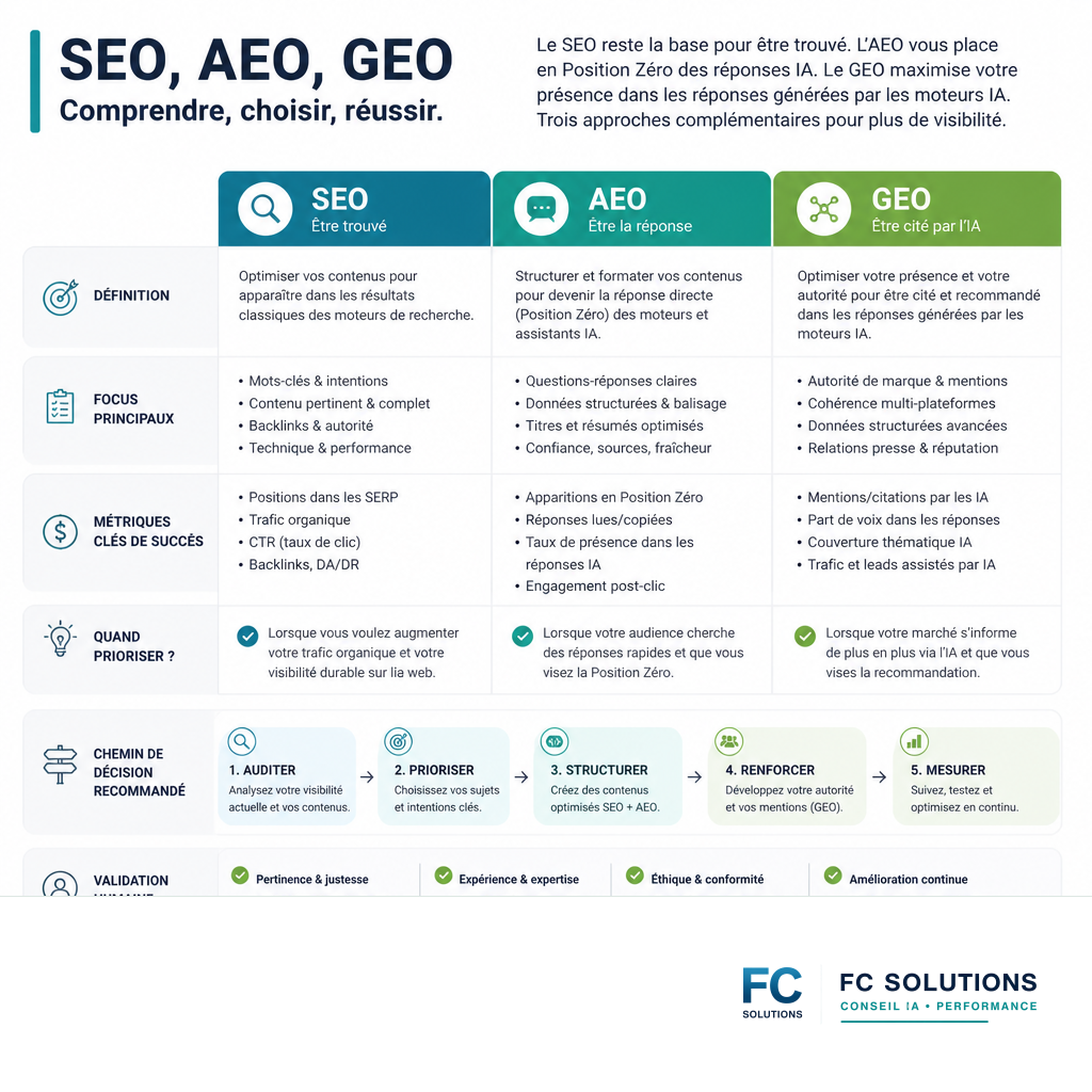 Infographie comparative des stratégies SEO, AEO et GEO, détaillant leurs objectifs, focus et mesures de succès.