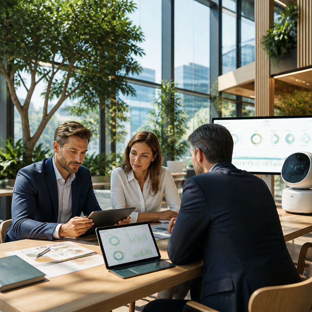 Professionnels analysant des indicateurs de provenance de contenu IA dans un environnement de bureau.