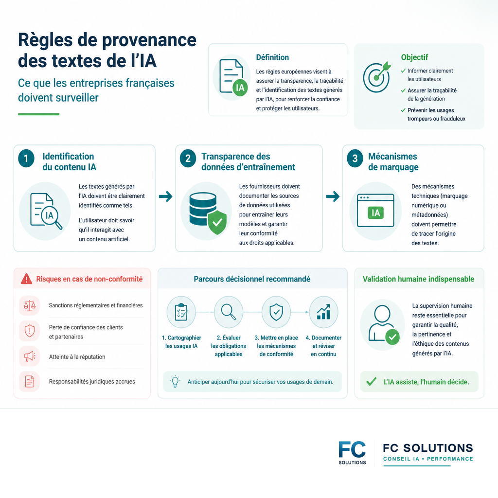 Infographie résumant les règles de l'UE sur la provenance des textes générés par IA.