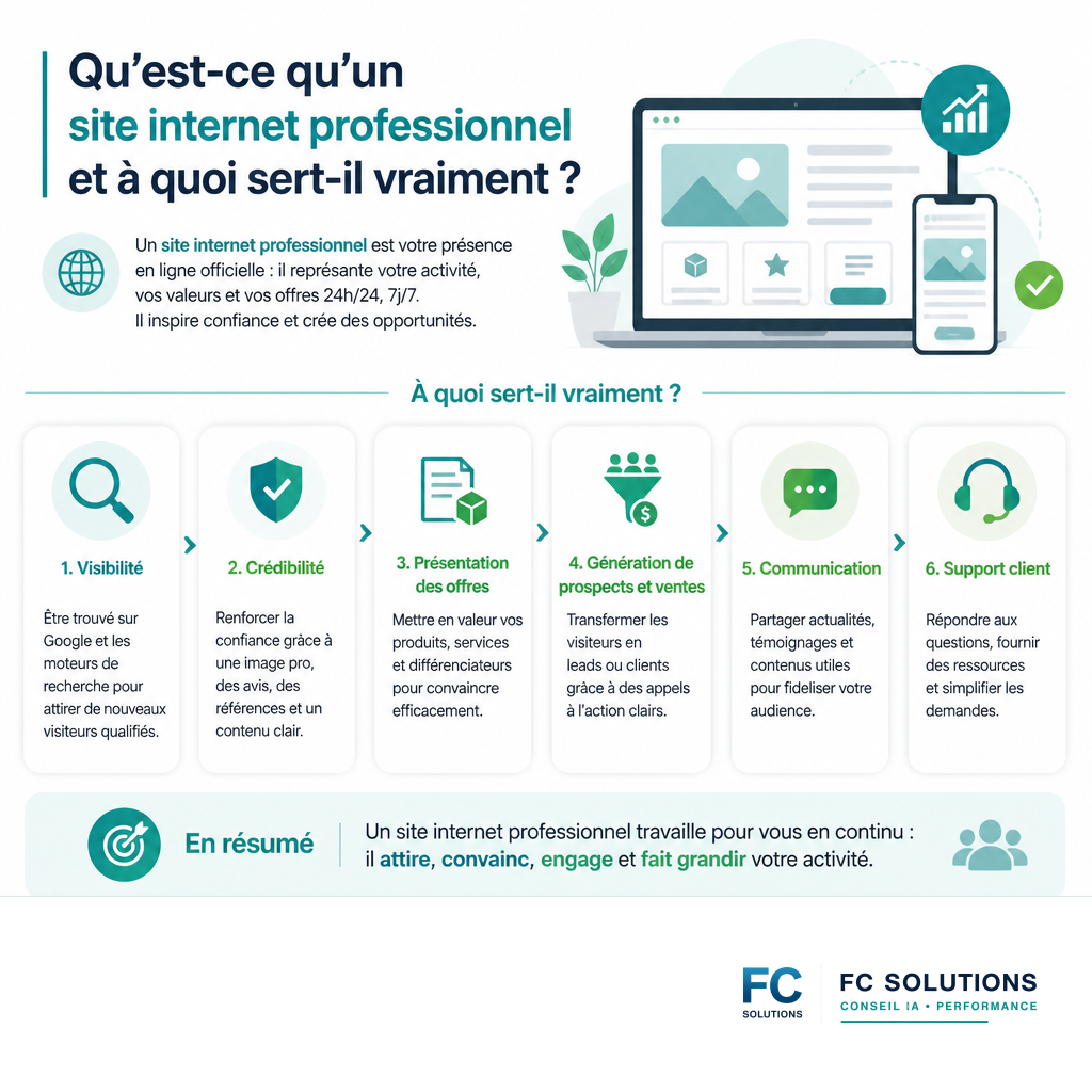 Infographie des fonctions essentielles d'un site internet professionnel : visibilité, crédibilité, offres, ventes, communication et support.