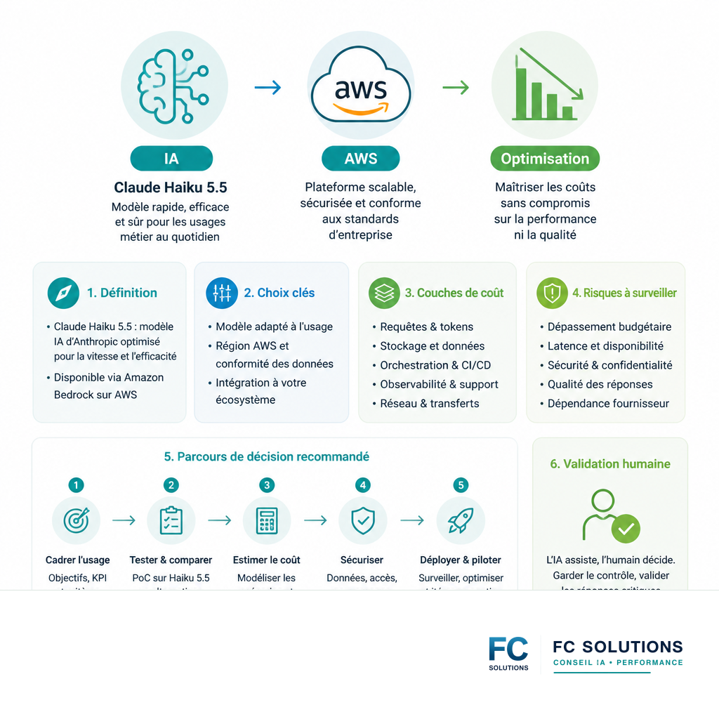 Infographie résumant les avantages de Claude Haiku 5.5 sur AWS : IA, cloud et optimisation des coûts.