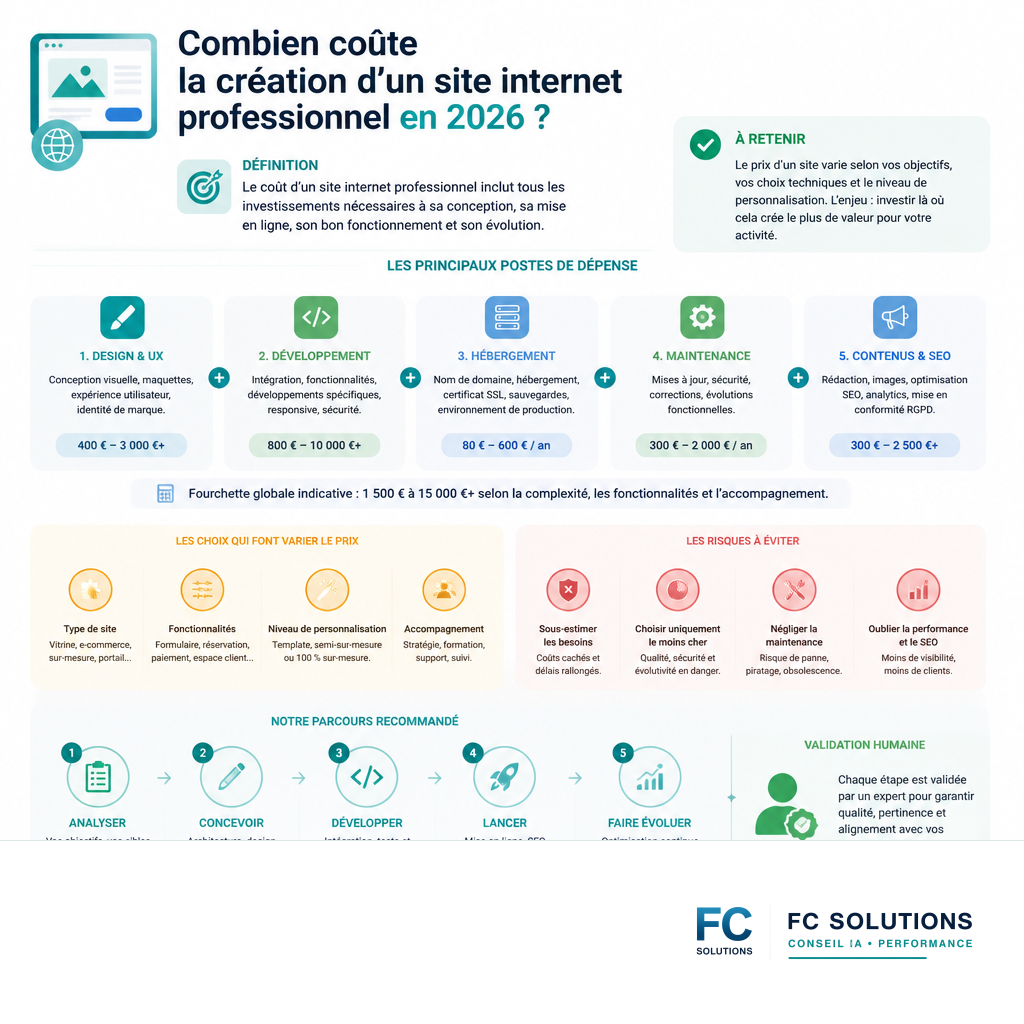 Répartition des coûts de création d'un site internet professionnel en 2026.