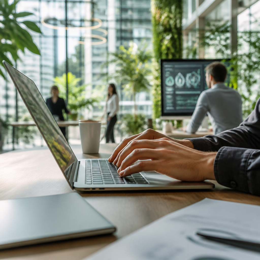 Mains d'une personne tapant sur un clavier d'ordinateur portable, symbolisant la création et l'optimisation de contenu.