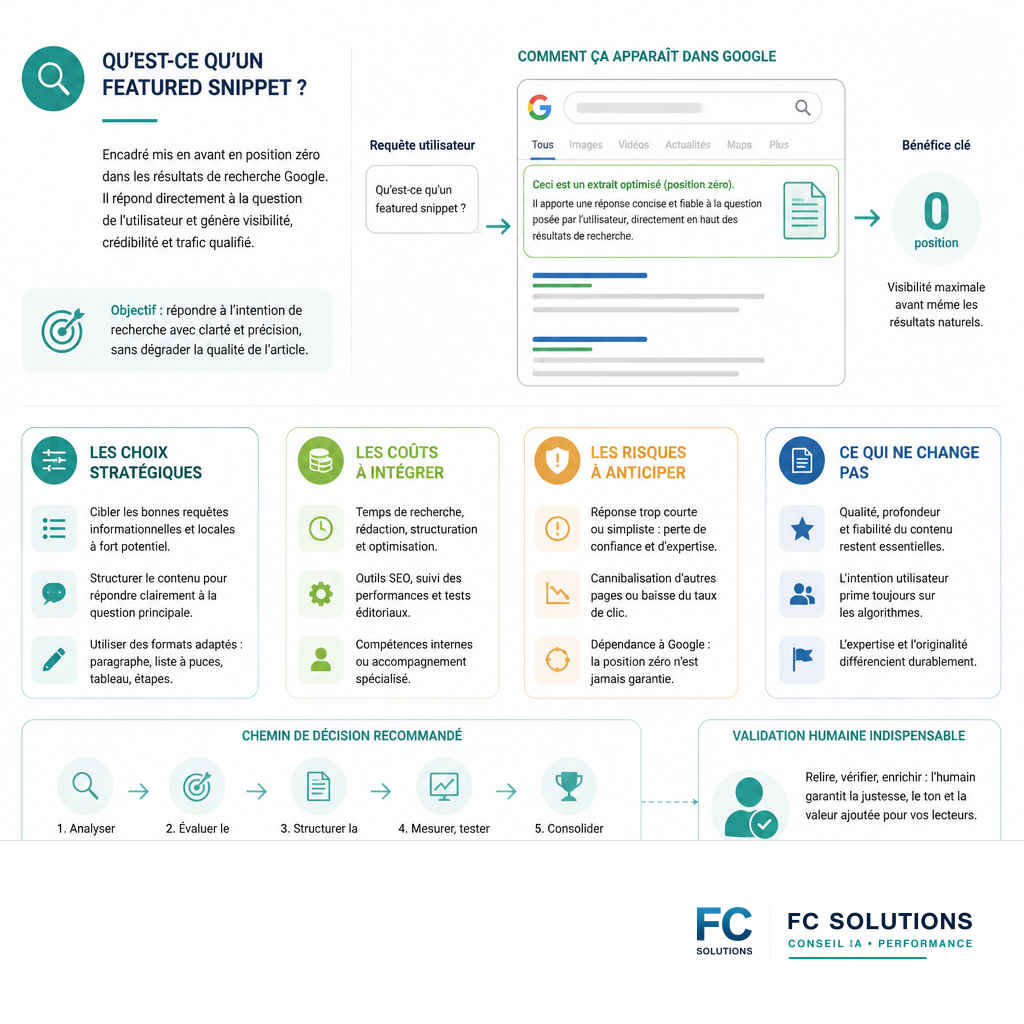 Infographie expliquant le concept de featured snippet (position zéro) avec des icônes et un schéma clair.