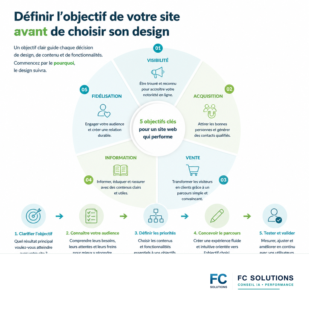 Infographie résumant les principaux objectifs d'un site web pour les entreprises.