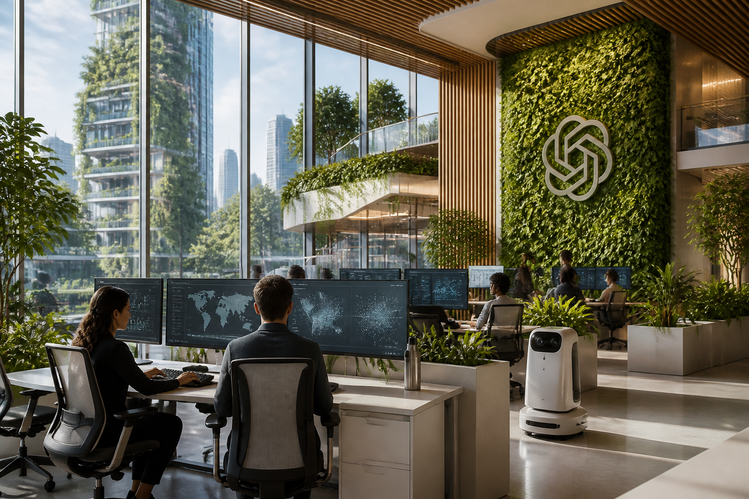 Analystes de sécurité travaillant dans un centre d'opérations Sophos, visualisant des données de menaces complexes sur des écrans, illustrant l'utilisation de l'IA pour l'investigation.