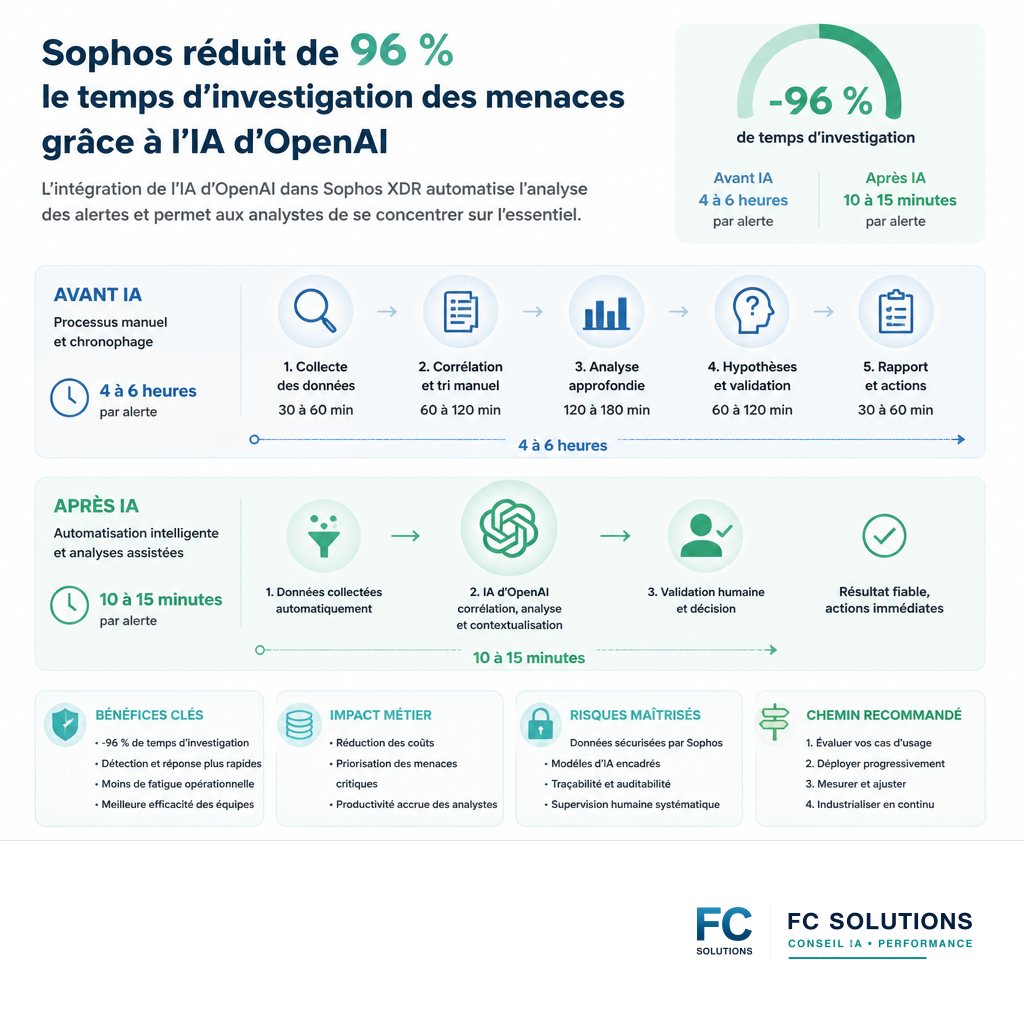 Infographie comparant le temps d'investigation des menaces avant et après l'utilisation de l'IA, illustrant une réduction de 96% grâce à OpenAI Daybreak.