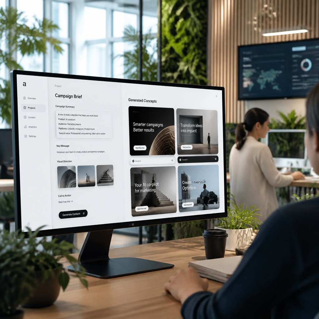 Interface utilisateur d'une plateforme IA générant du contenu publicitaire pour les entreprises.