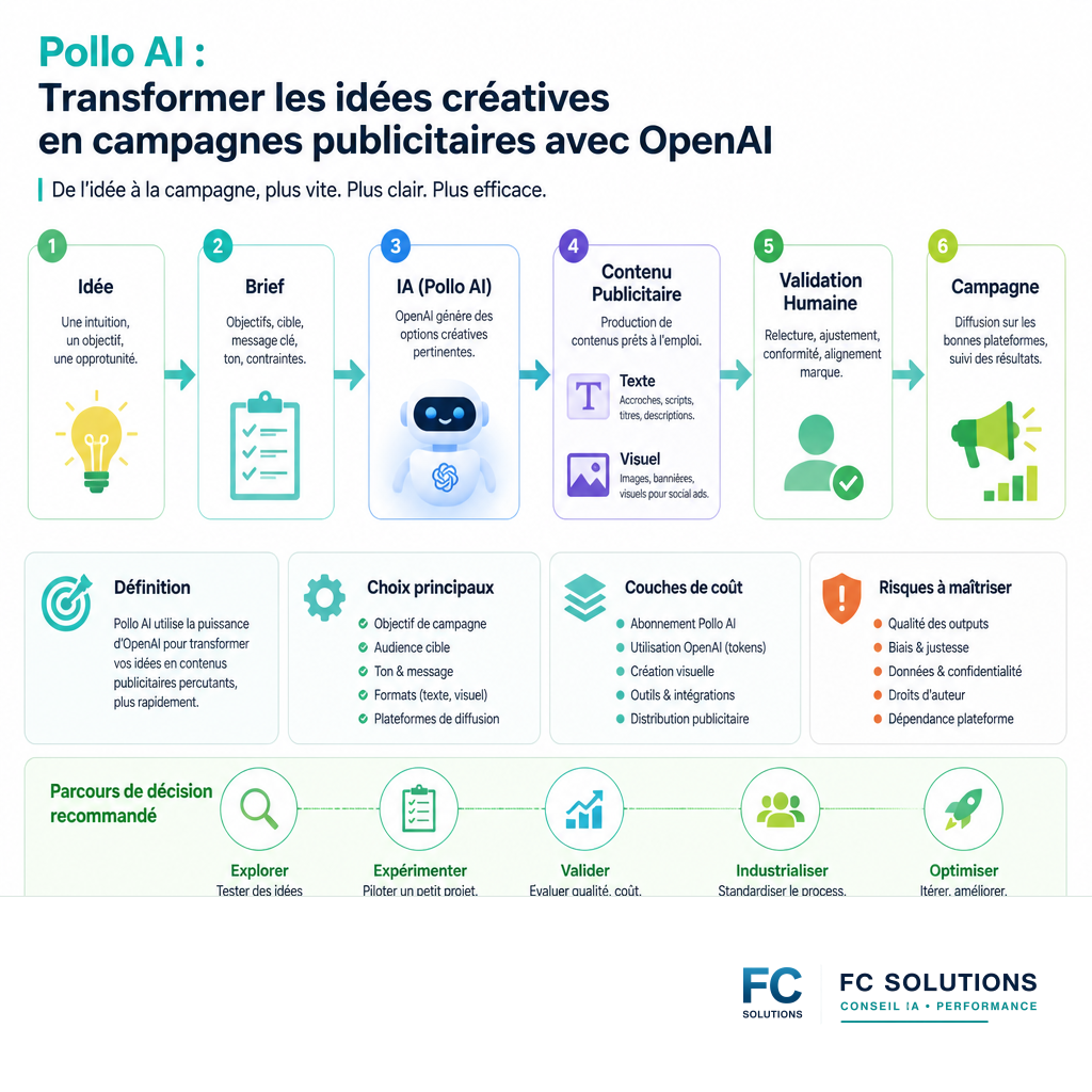 Schéma simplifié du processus de création de campagne publicitaire assistée par IA avec Pollo AI.