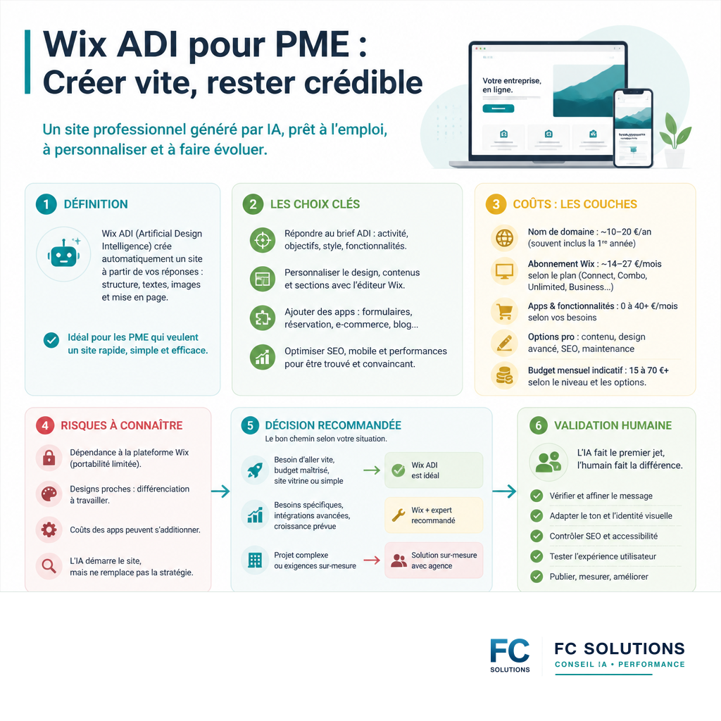 Synthetic infographic summarizing the key ideas of the article FC Solutions Review: Wix ADI for SME Website Creation.