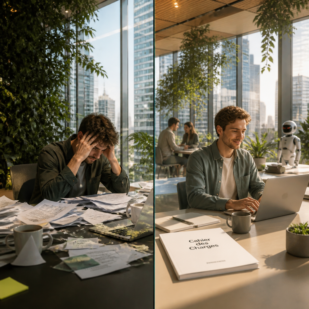 Contraste entre un projet web chaotique sans cahier des charges et un projet organisé avec un document clair.