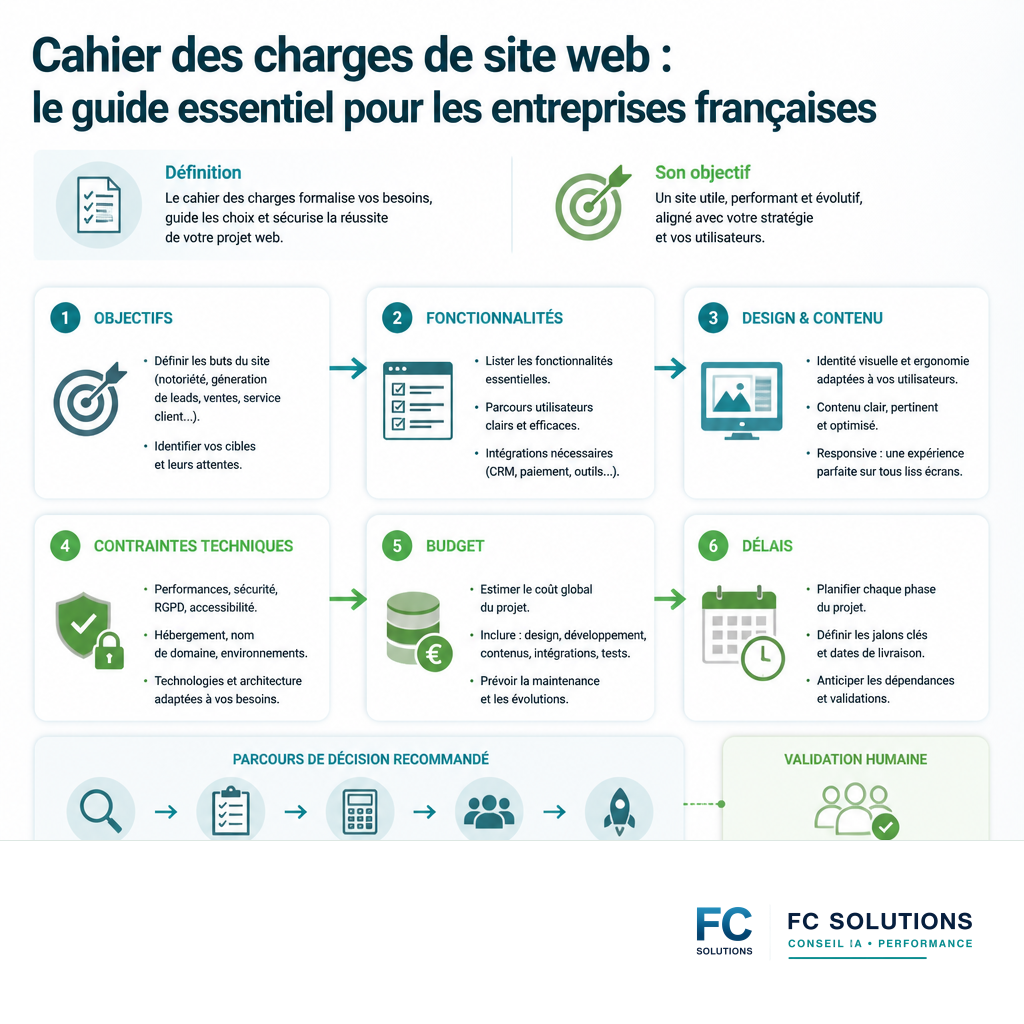 Infographie résumant les sections clés d'un cahier des charges de site web.