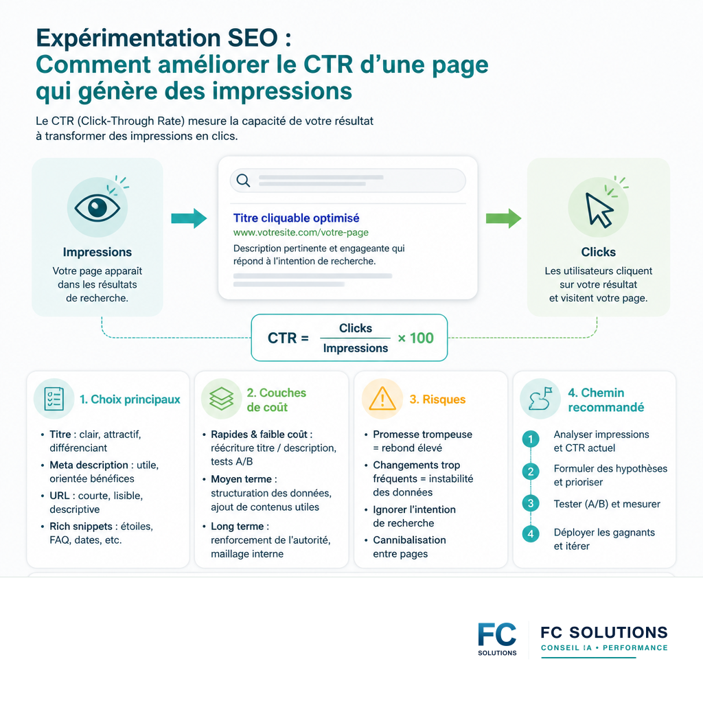 Infographie expliquant le taux de clics (CTR) comme le ratio entre les impressions et les clics d'une page web.