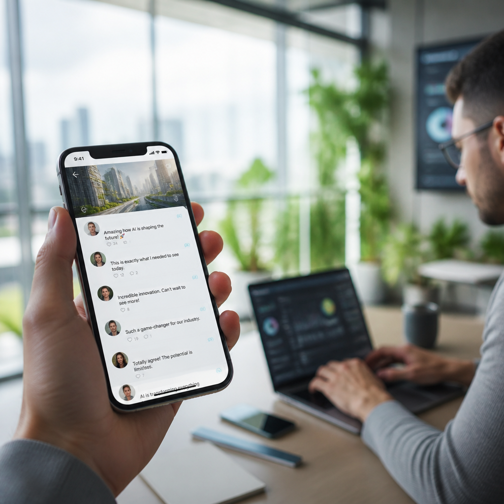 Une main tenant un smartphone affiche un flux de réseaux sociaux avec des commentaires et profils générés par IA, illustrant la manipulation de l'opinion en ligne.