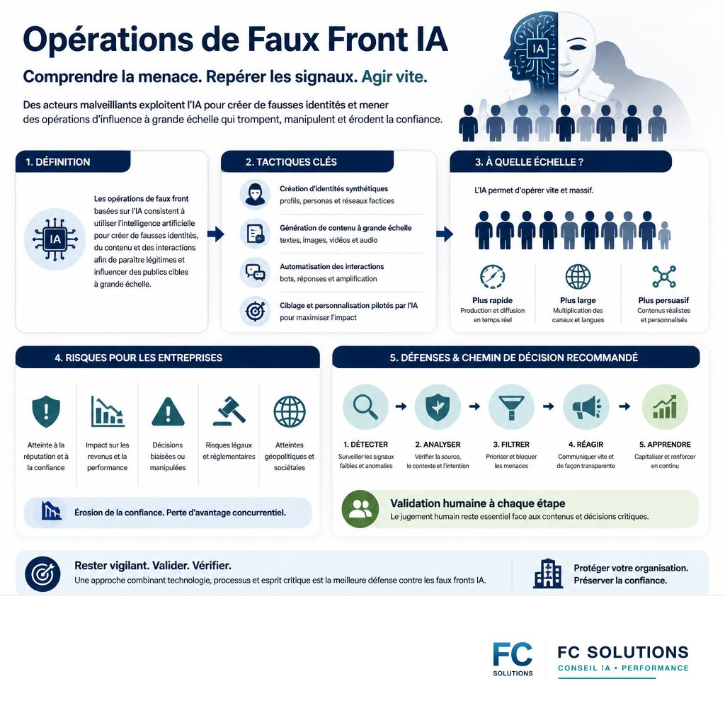 Infographie expliquant les opérations de « faux front » basées sur l'IA, leurs tactiques, risques et défenses.