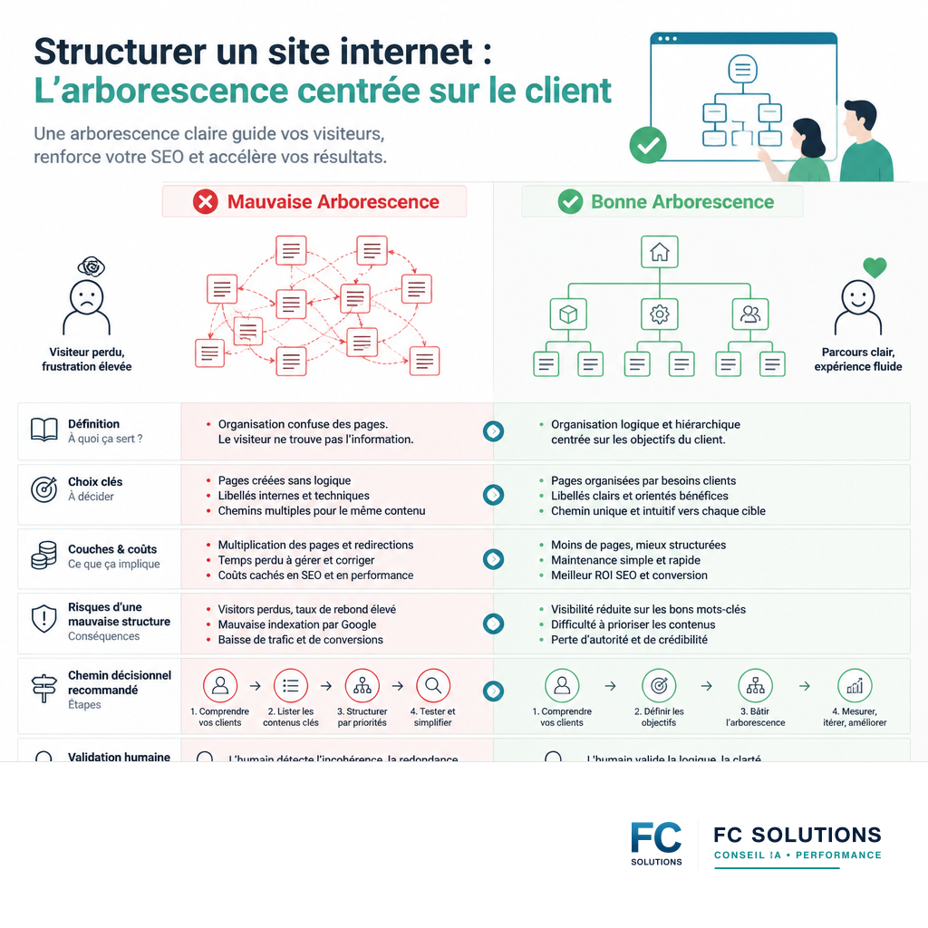 Infographie comparant une arborescence de site web chaotique et une arborescence bien structurée, mettant en évidence les bénéfices pour l'utilisateur et le SEO.
