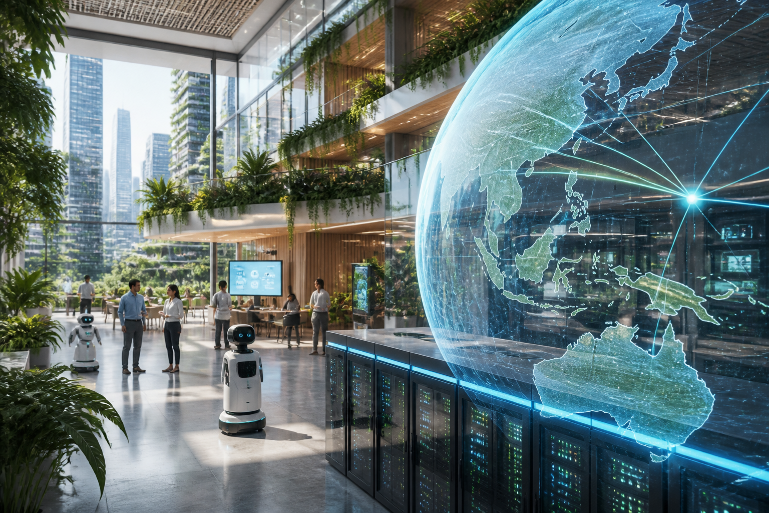 Vue d'un centre de données AWS moderne avec des représentations de réseaux mondiaux, soulignant l'Asie pour l'accès aux modèles GPT.