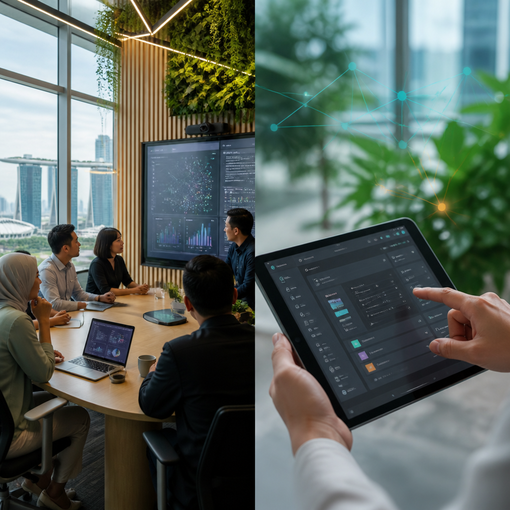 Professionnels examinant des visualisations de données IA sur un écran, tandis qu'une main interagit avec l'interface Amazon Bedrock sur une tablette.