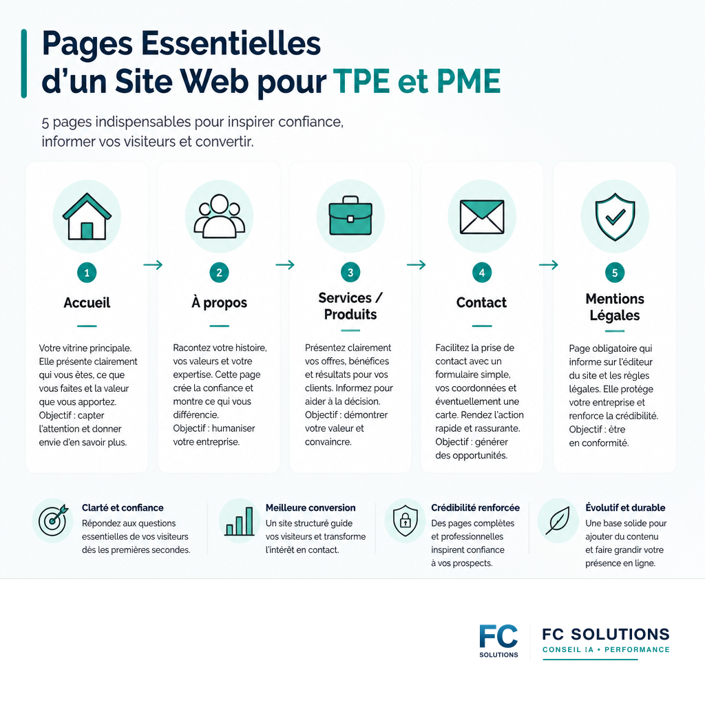 Infographie résumant les pages essentielles d'un site web pour TPE/PME : accueil, à propos, services, contact, mentions légales.