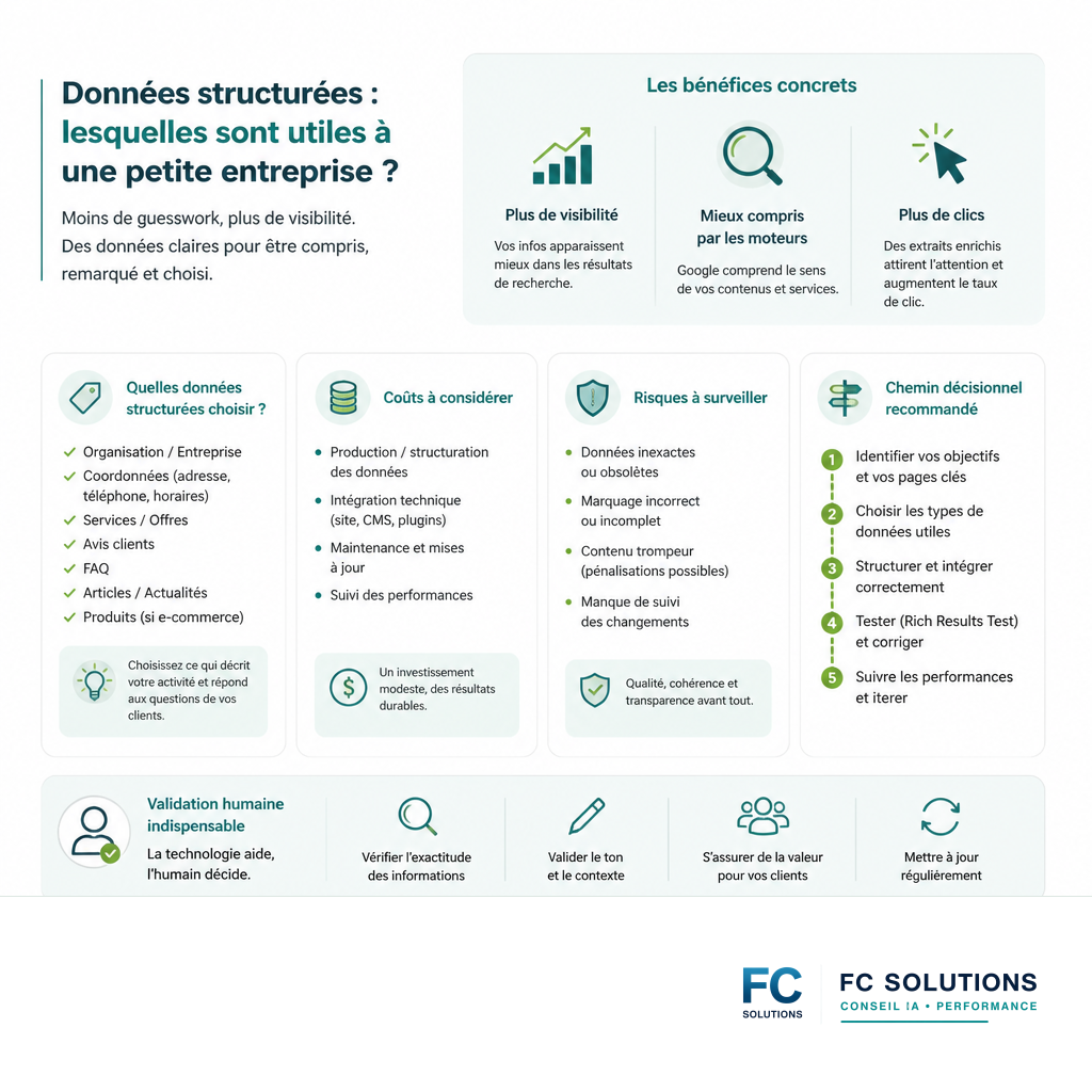 Infographie résumant les avantages des données structurées pour les petites entreprises : meilleure visibilité, compréhension par les moteurs de recherche, taux de clic accru.