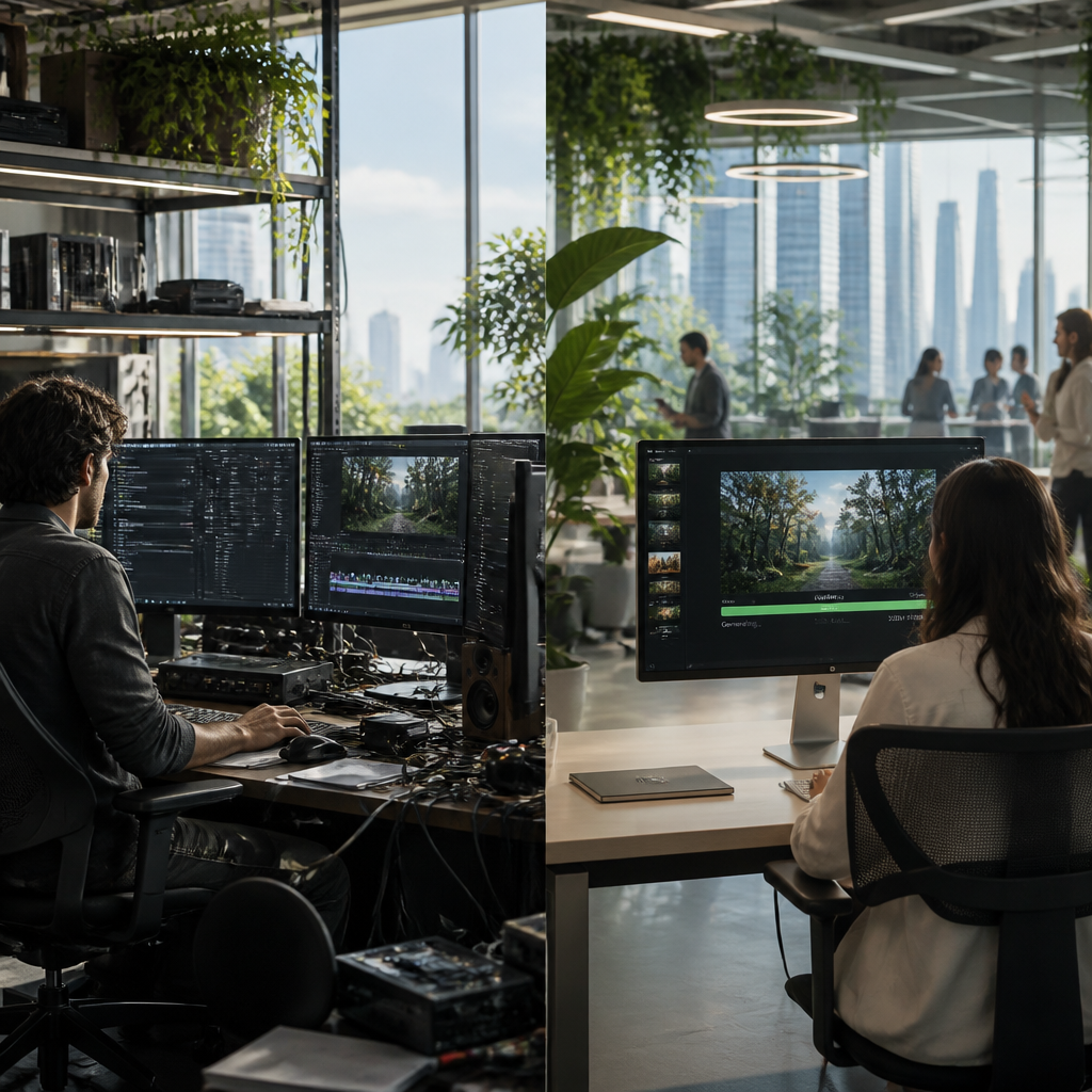 Comparaison visuelle entre une station de montage vidéo traditionnelle et une interface d'IA générative pour la création de vidéos longues.