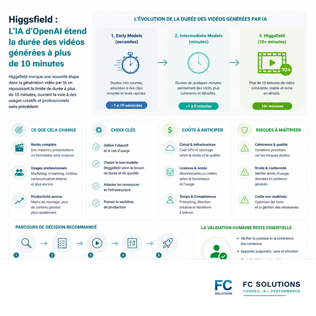 Infographie montrant l'évolution de la durée des vidéos générées par IA, passant de quelques secondes à plus de 10 minutes avec Higgsfield.
