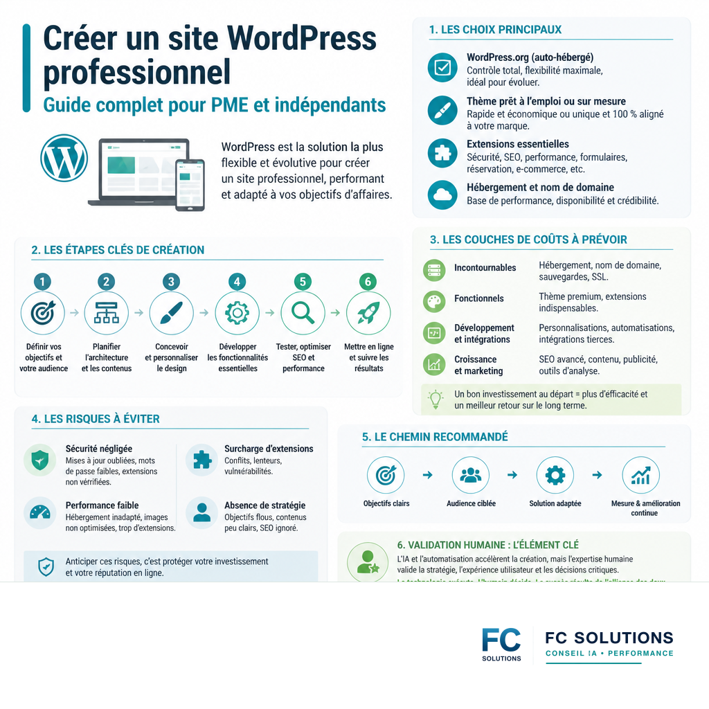 Infographie résumant les étapes, risques et décisions liés à Créer un site WordPress professionnel : Guide complet pour PME et indépendants.
